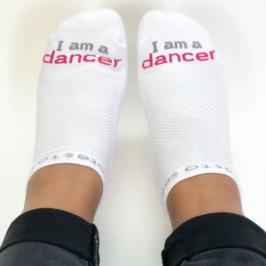 I am a dancer' socks, white low-cut socks