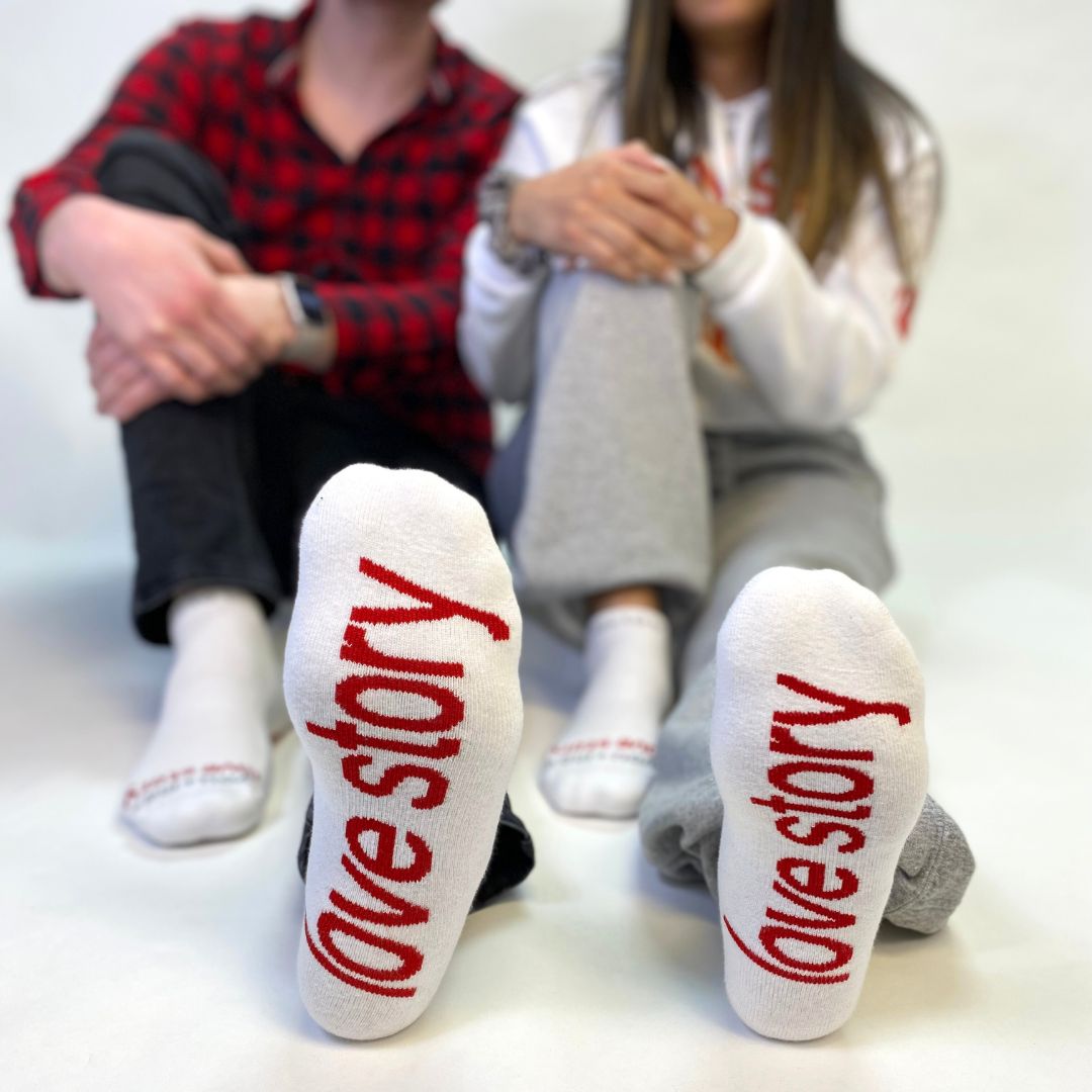 you + me = love story white socks with red words 