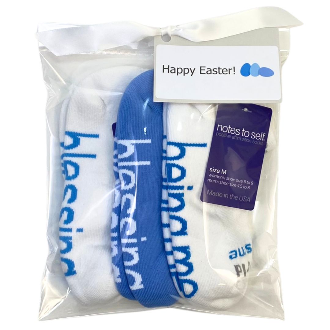 Happy Easter 3 pair gift bag set, including blessing white and blue, and being me white socks 