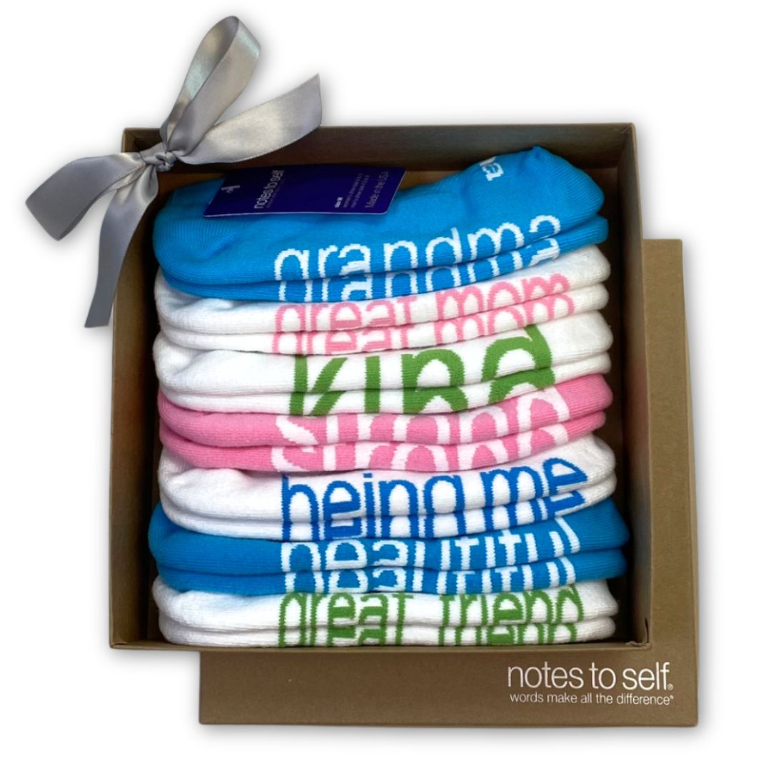 Honoring grandma 7 pairs of socks in a kraft gift box