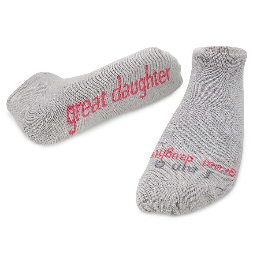 ornament with I am a great daughter™ grey socks