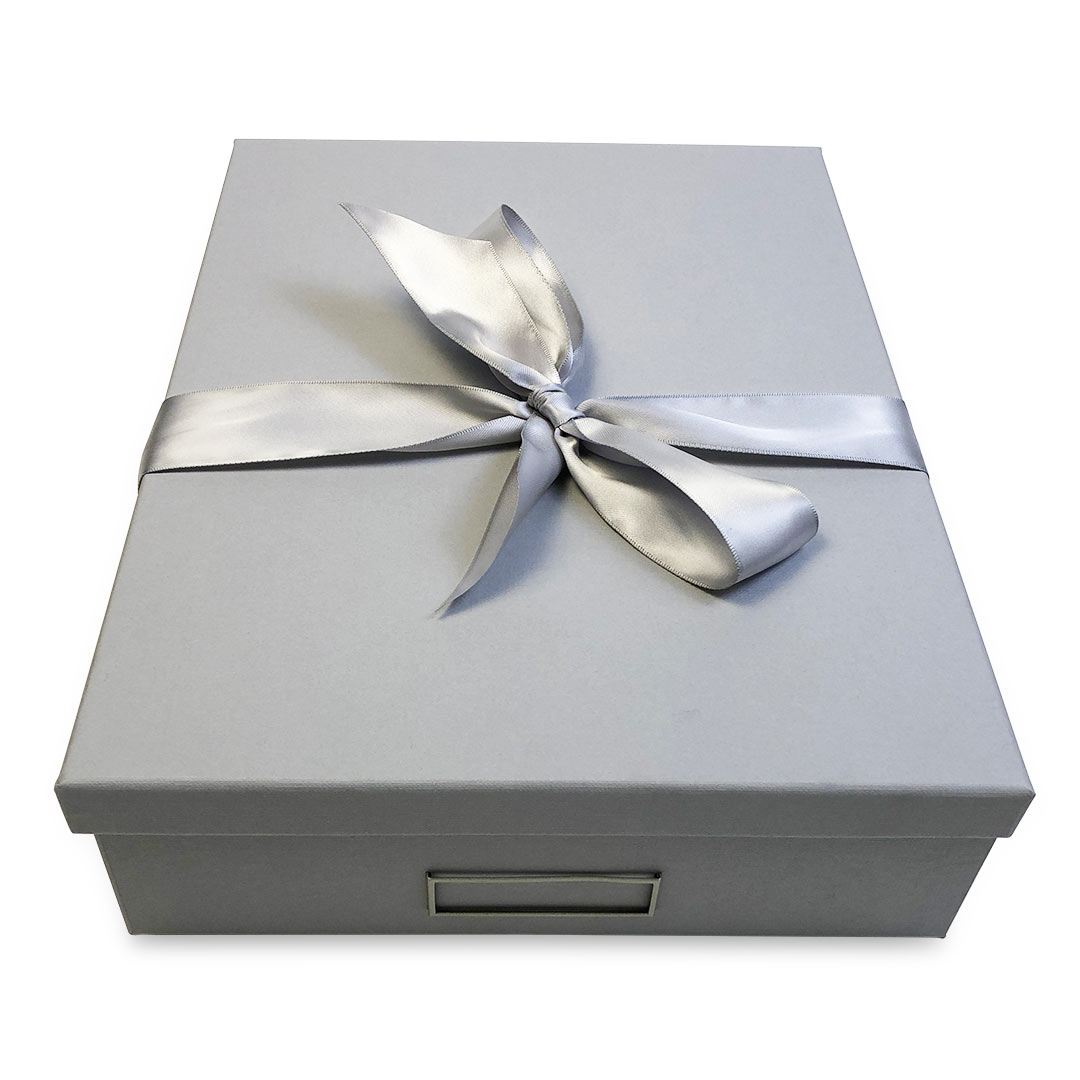 keepsake big gift box in grey with silver satin ribbon