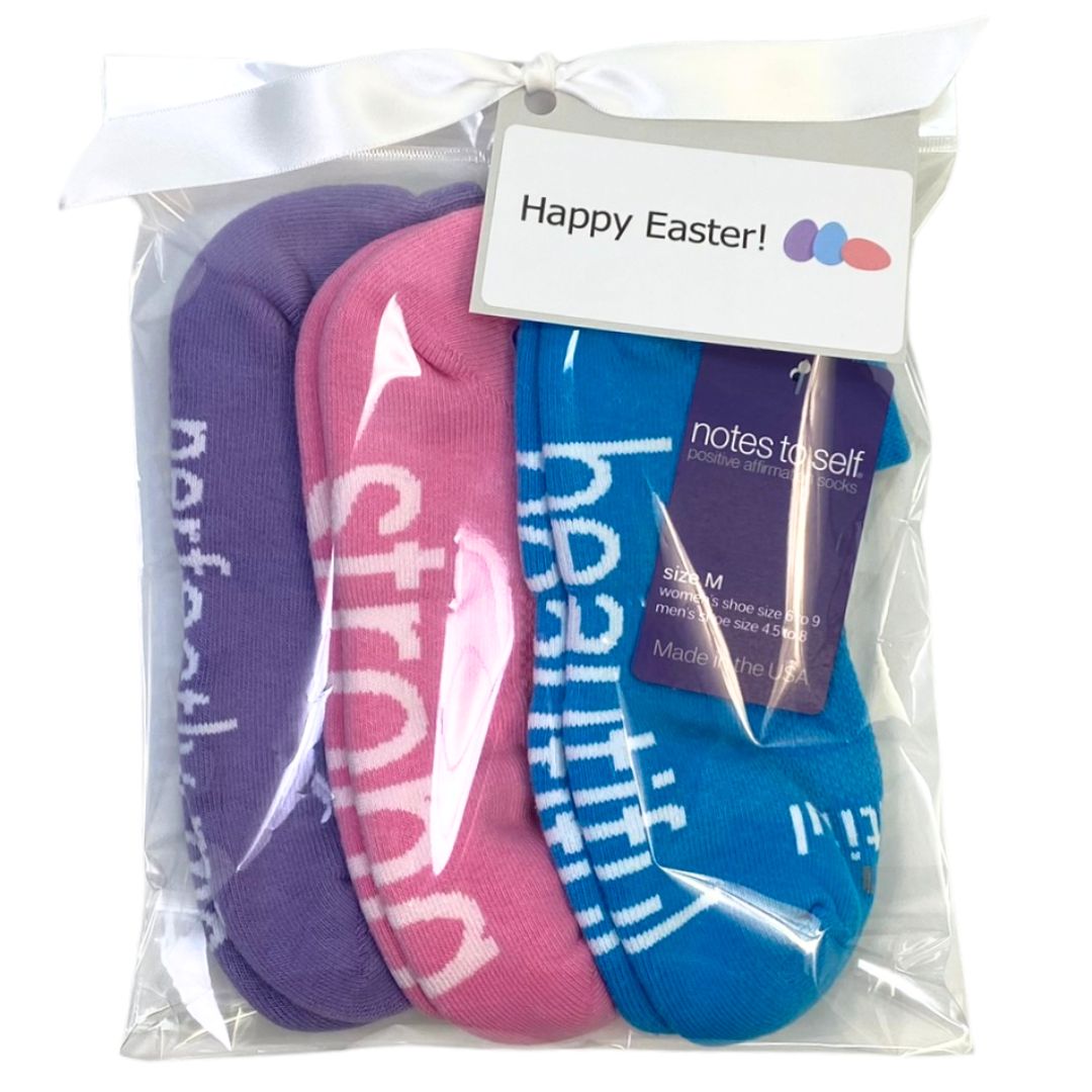 Happy Easter 3 pair gift bag set, including perfectly me, strong, and beautiful socks 