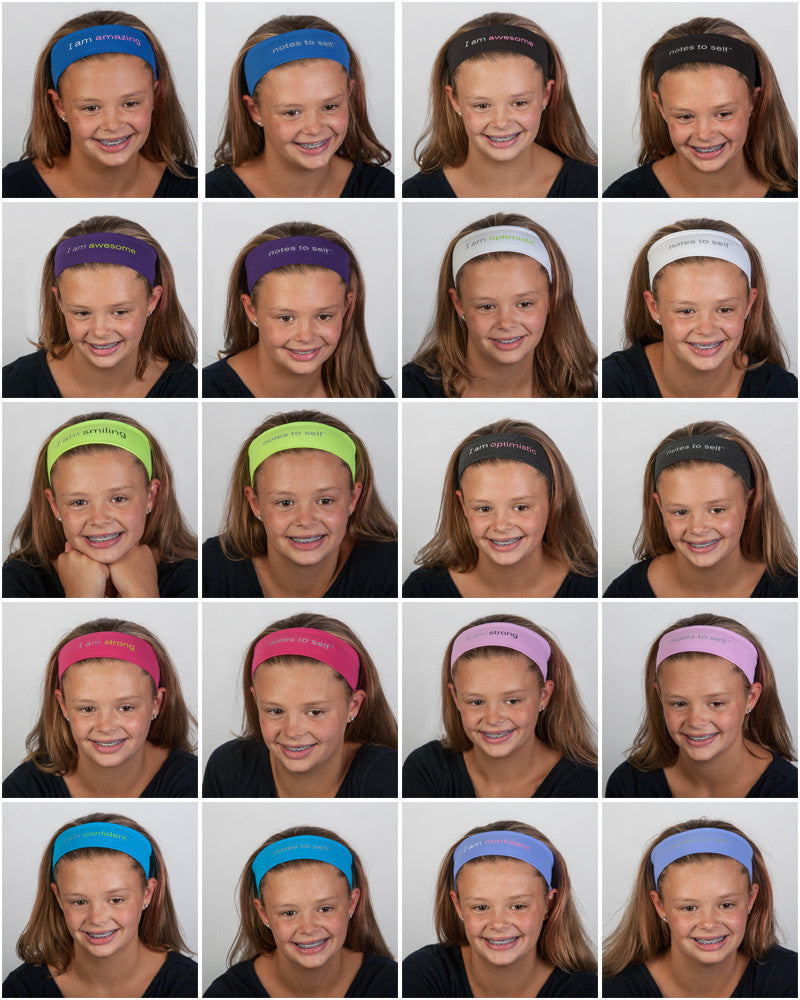 headbands in multiple colors with positive messages