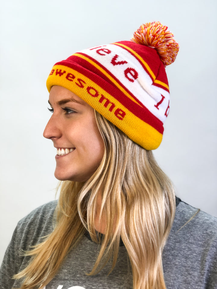 i believe beanie hat in red and yellow shown with double cuff