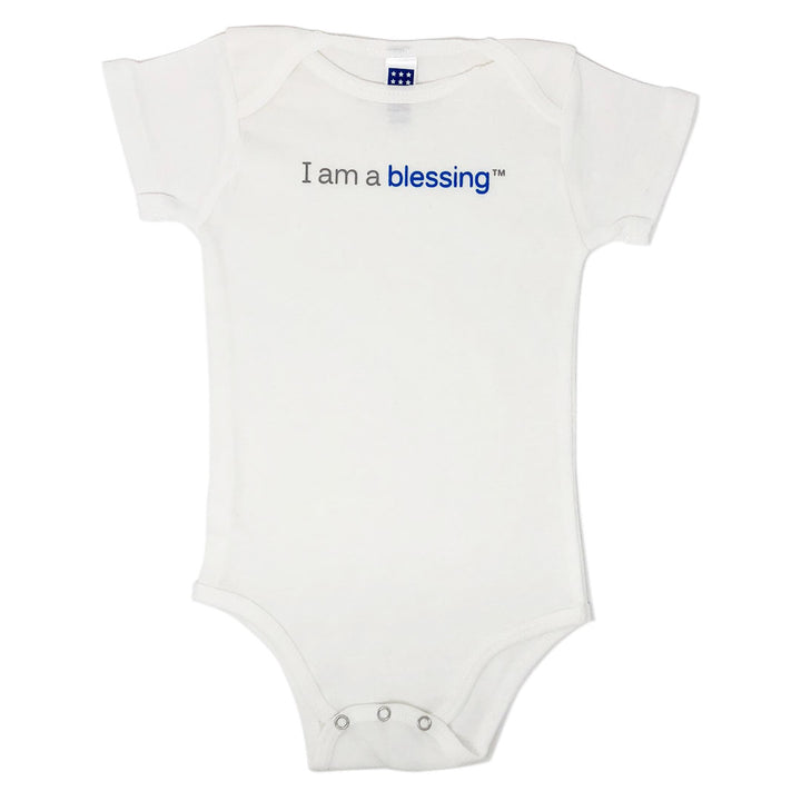 i am a blessing white and blue baby one-piece shirt