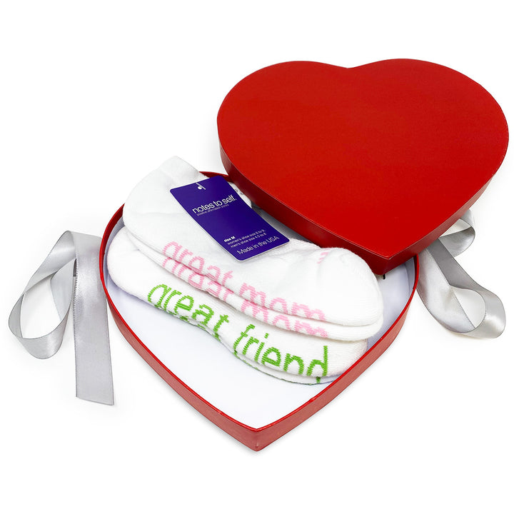 i am a great friend i am a great mom sock gift in open red heart box with silver satin ribbon