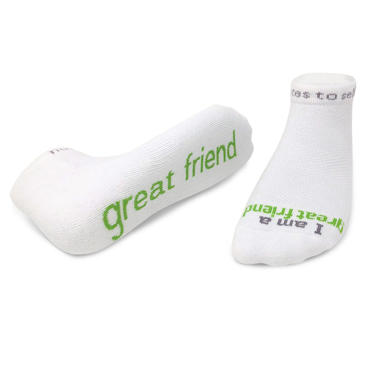 i am a great friend white socks with green words