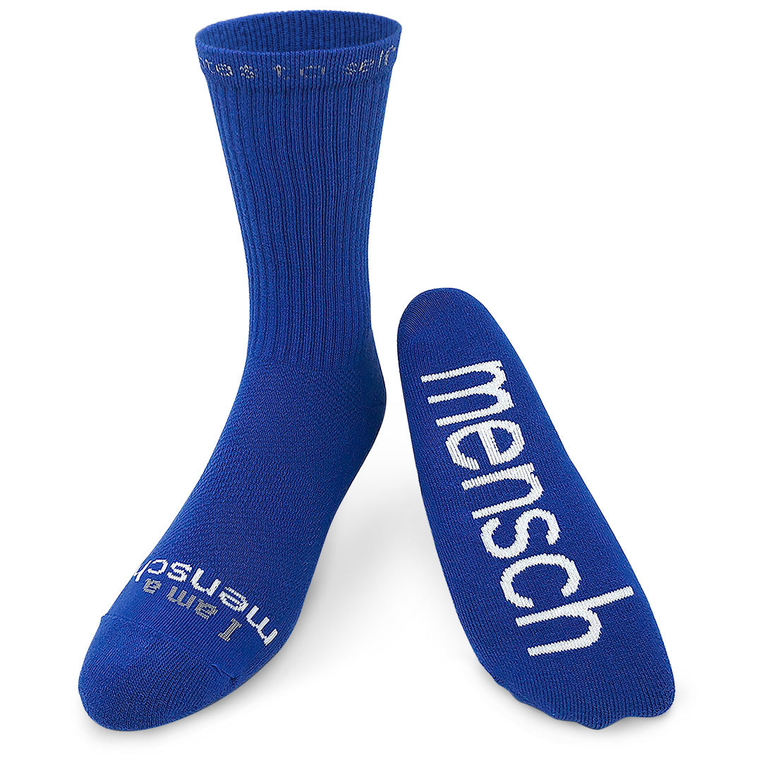 I am a mensch blue crew socks 