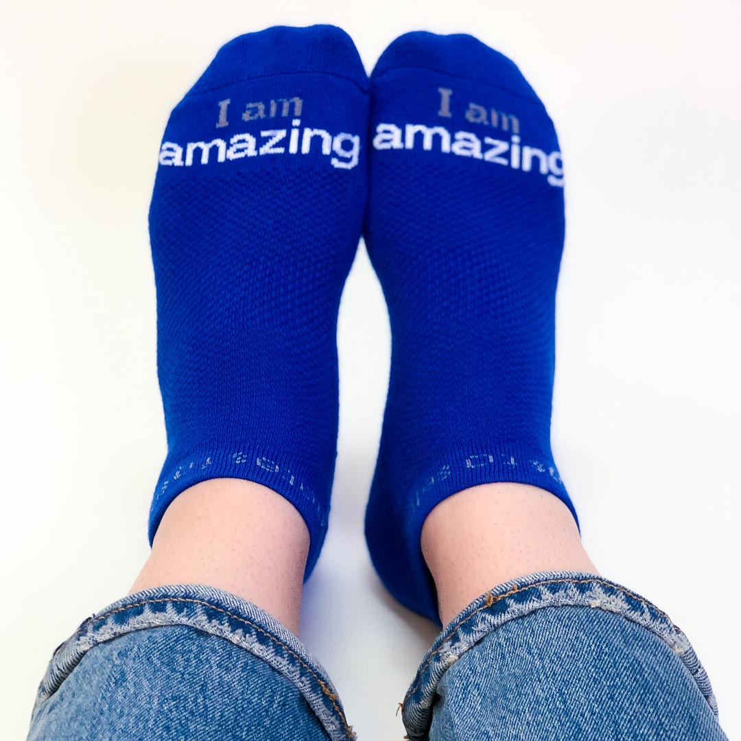 i am amazing blue socks with inspirational words