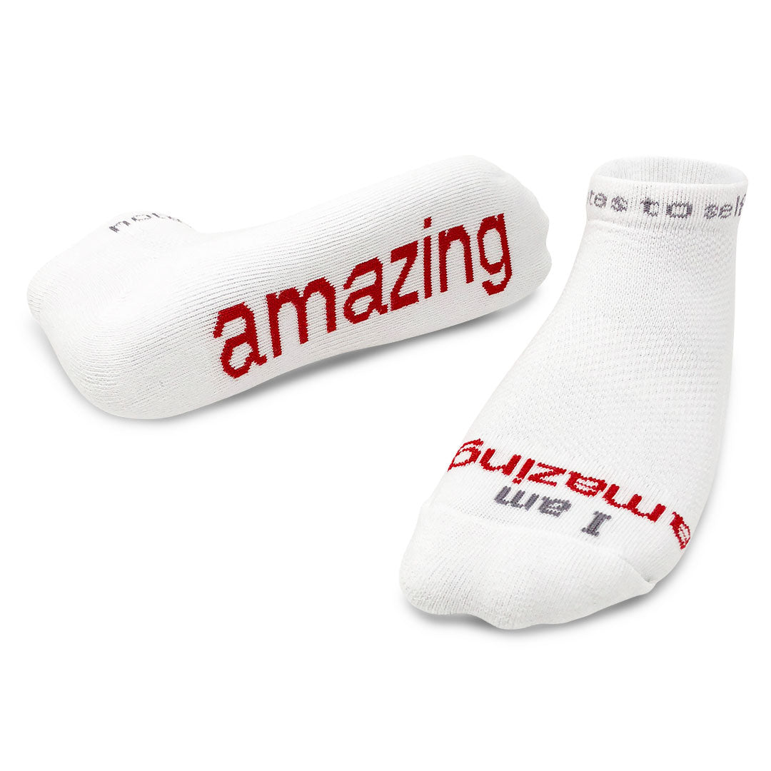 i am amazing white socks with red words
