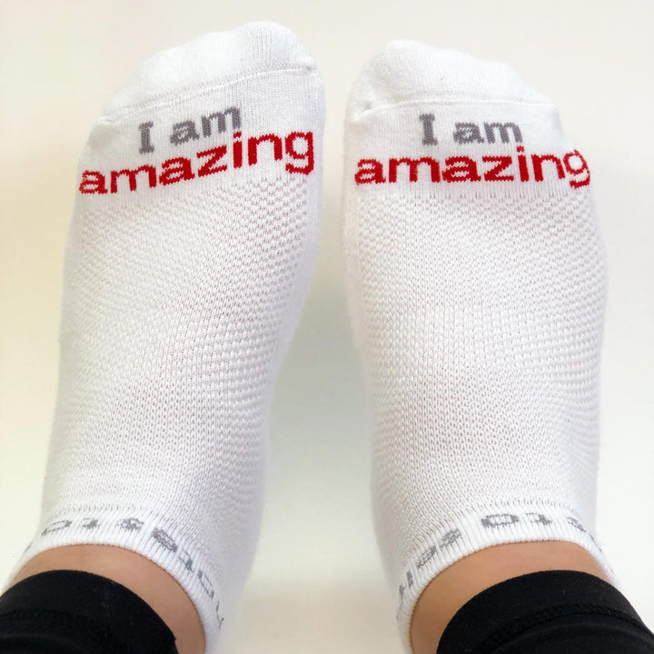 i am amazing white socks with inspirational message