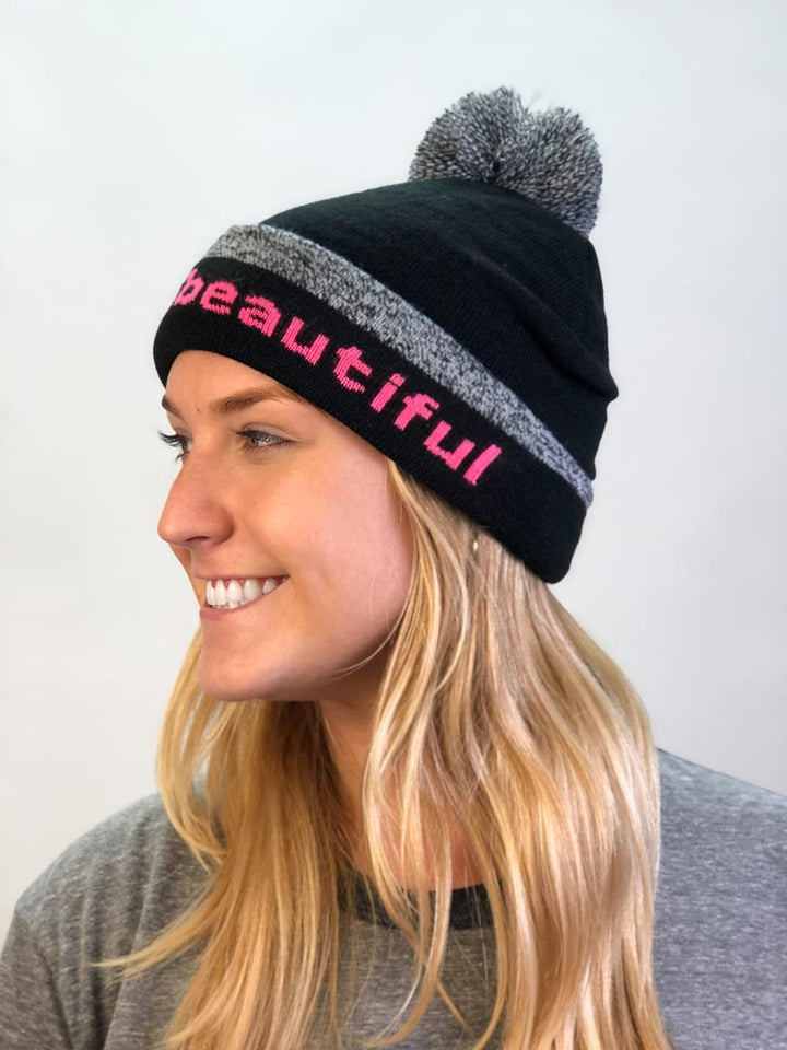 i am beautiful beanie hat with positive affirmation inside double cuff