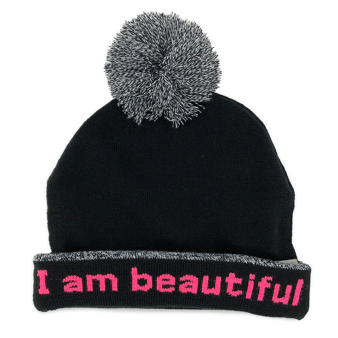 i am beautiful beanie hat with positive affirmation inside