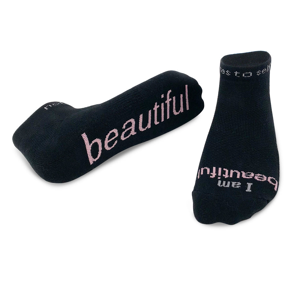 i am beautiful black socks with pink words