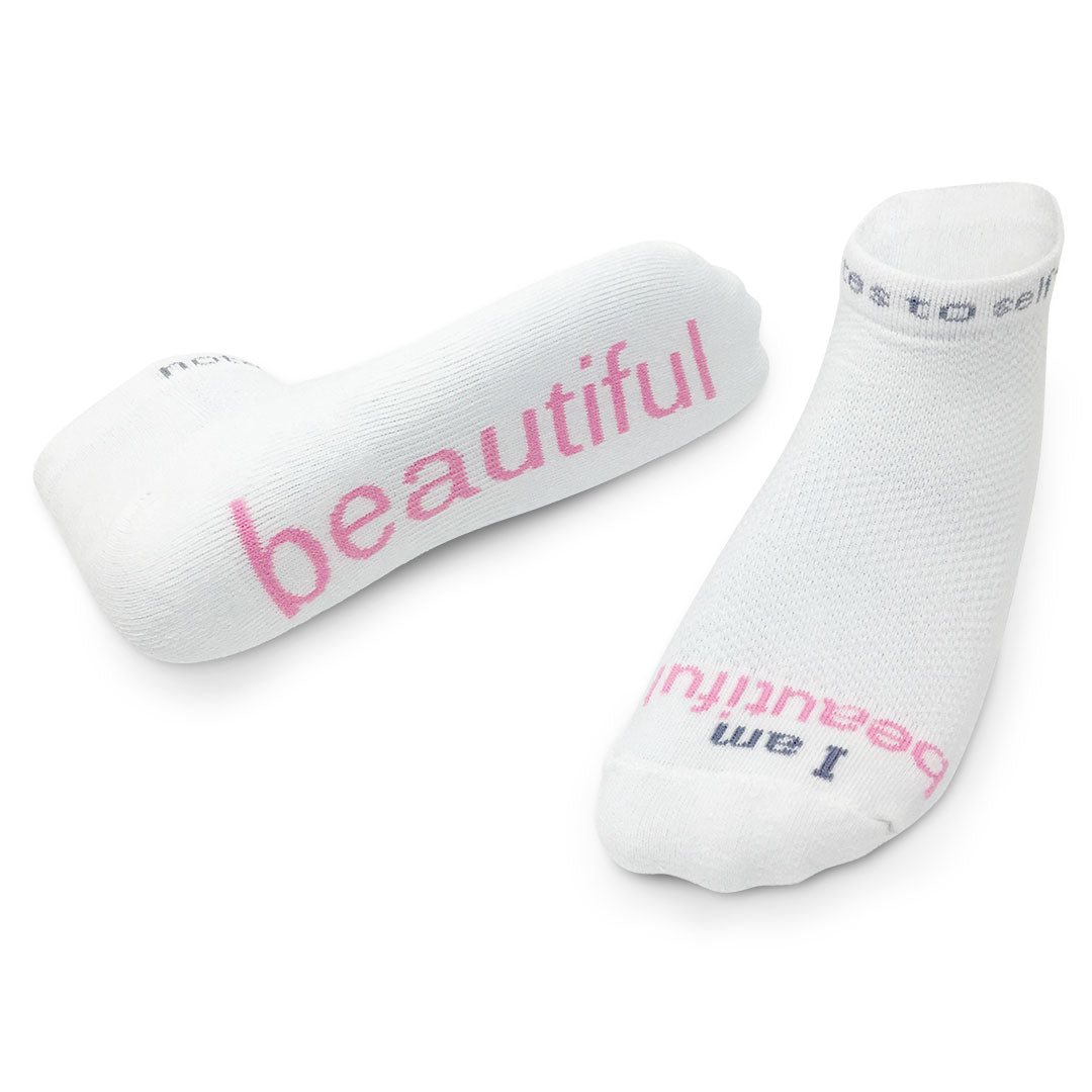 i am beautiful white socks with pink words