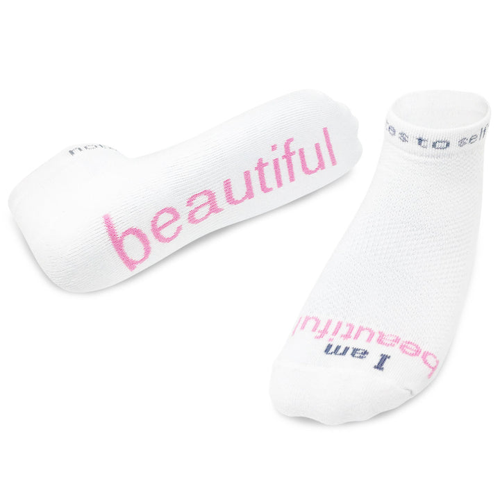 i am beautiful white socks with positive message