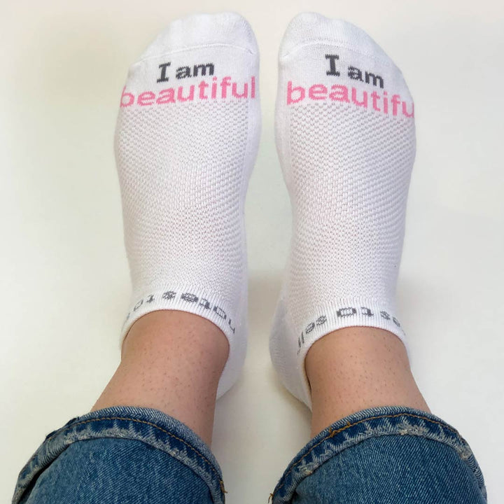 i am beautiful white socks with positive message