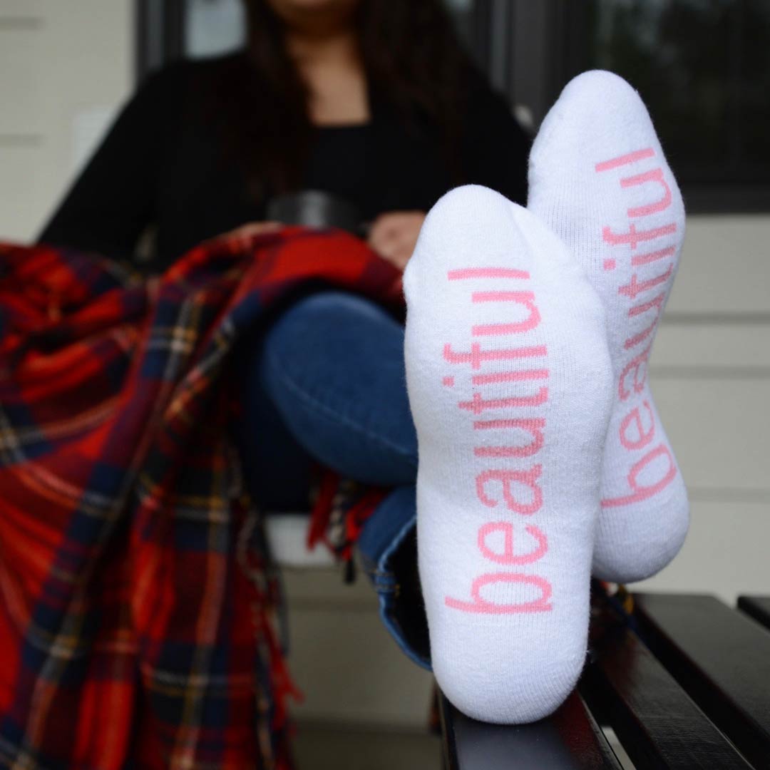 i am beautiful white socks with positive message