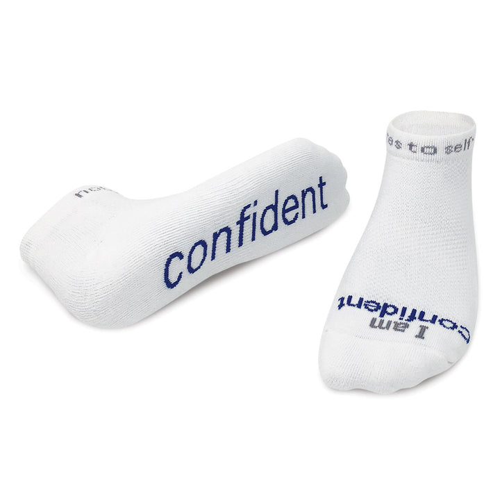 i am confident white socks with blue words