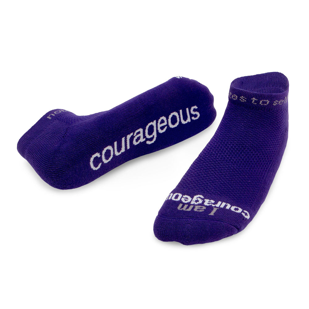 i am courageous purple socks with white words