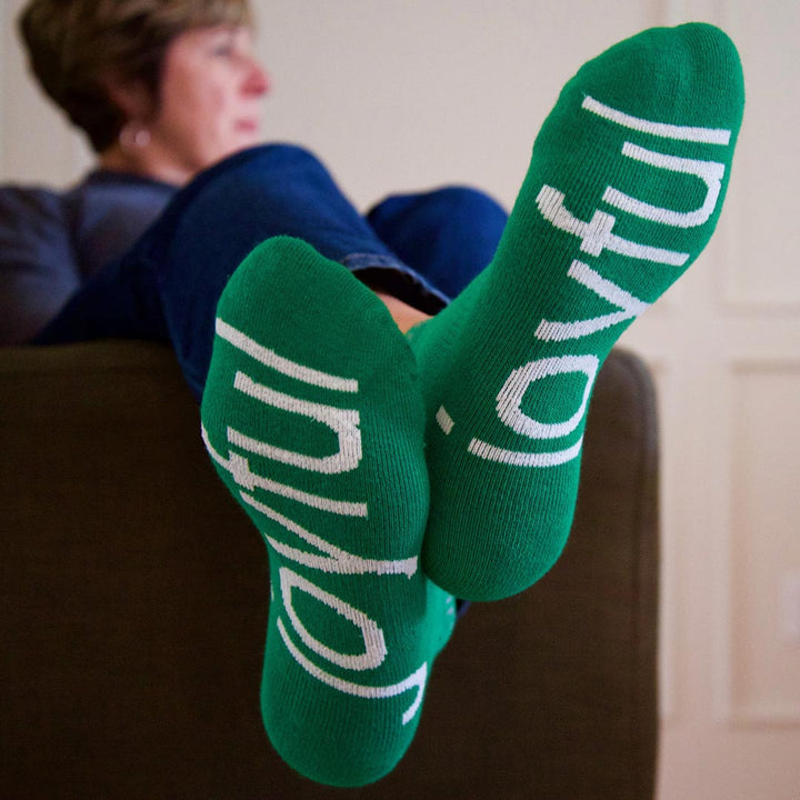 i am joyful green socks with positive message