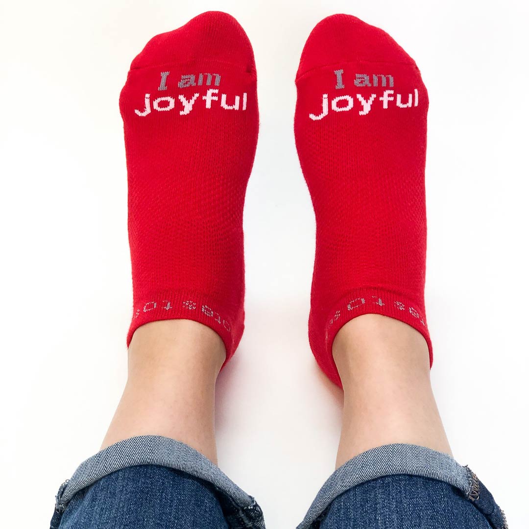 i am joyful red socks with inspirational message