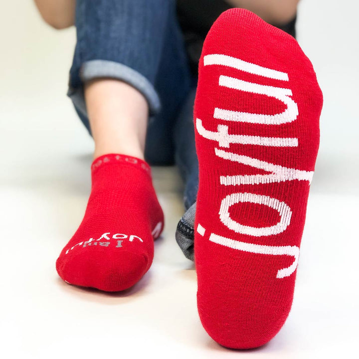 i am joyful red socks with inspirational message