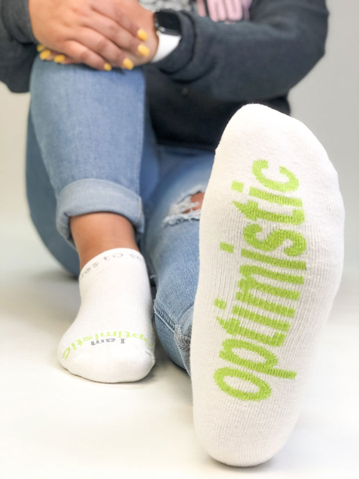 i am optimistic socks with positive message