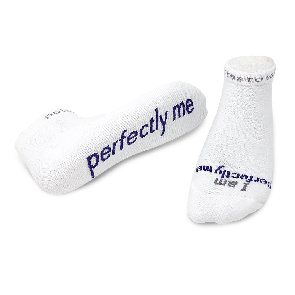 i am perfectly me white socks with purple words