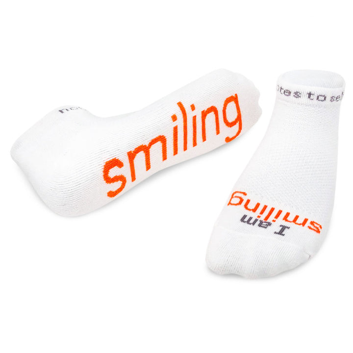 i am smiling white socks with positive message