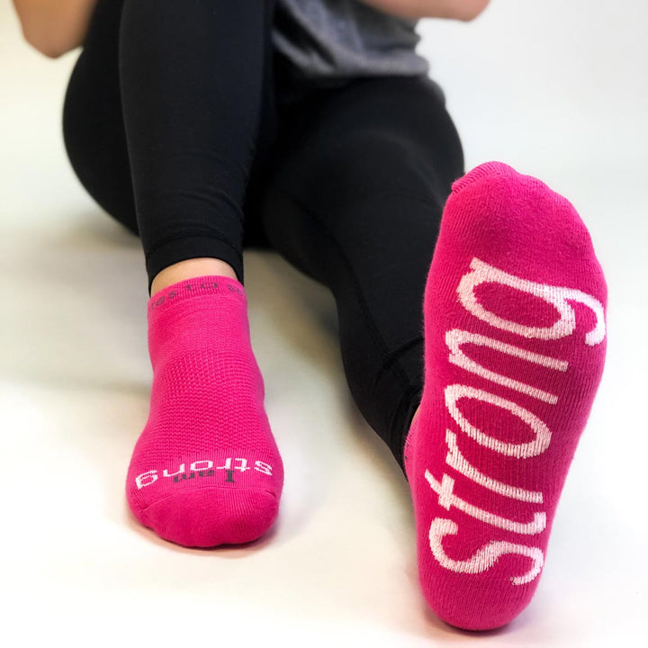 i am strong bright pink socks with inspirational message
