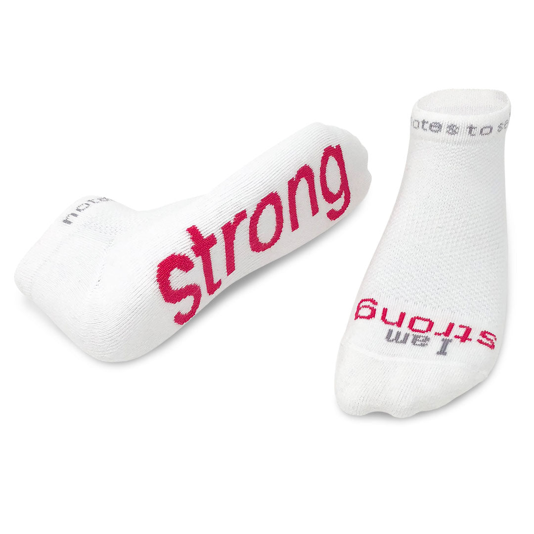 i am strong white socks pink words