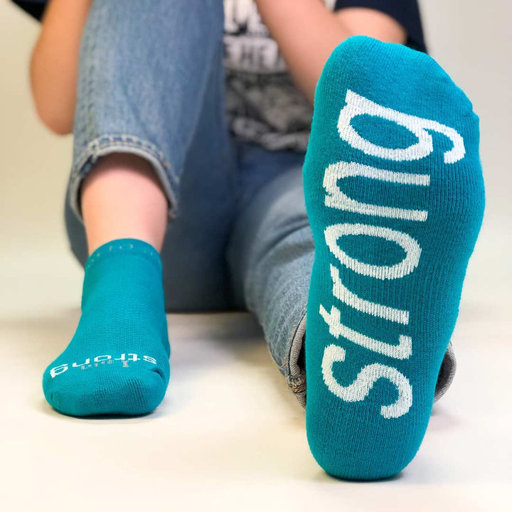 i am strong teal blue socks with motivational message