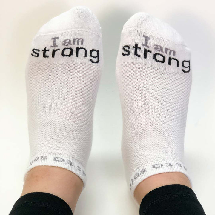 i am strong socks low cut white with black words