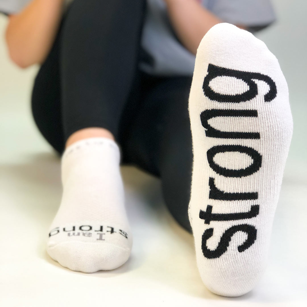 i am strong socks low cut white with black words