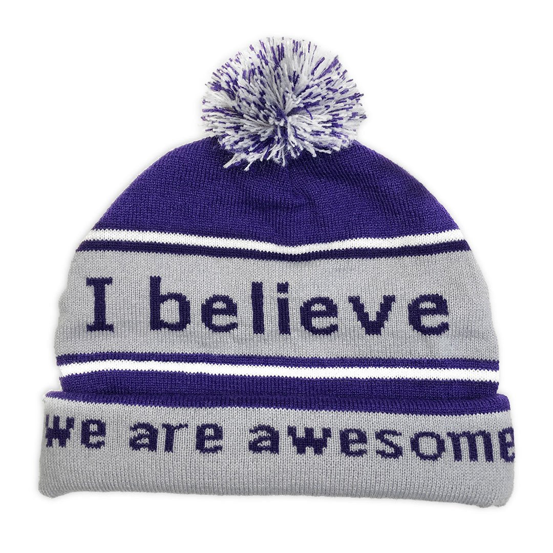 i believe we are awesome purple beanie with double cuff