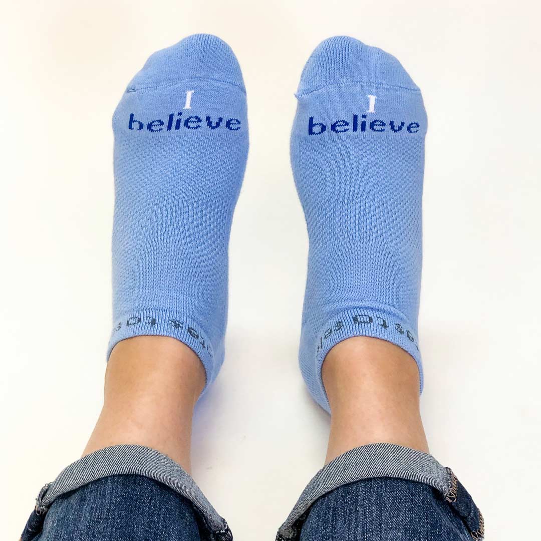 i believe blue socks with inspirational message