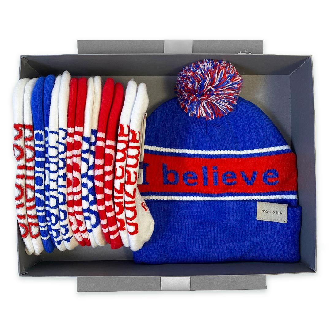 i believe red blue beanie slate box gift set positive affirmation socks notes to self