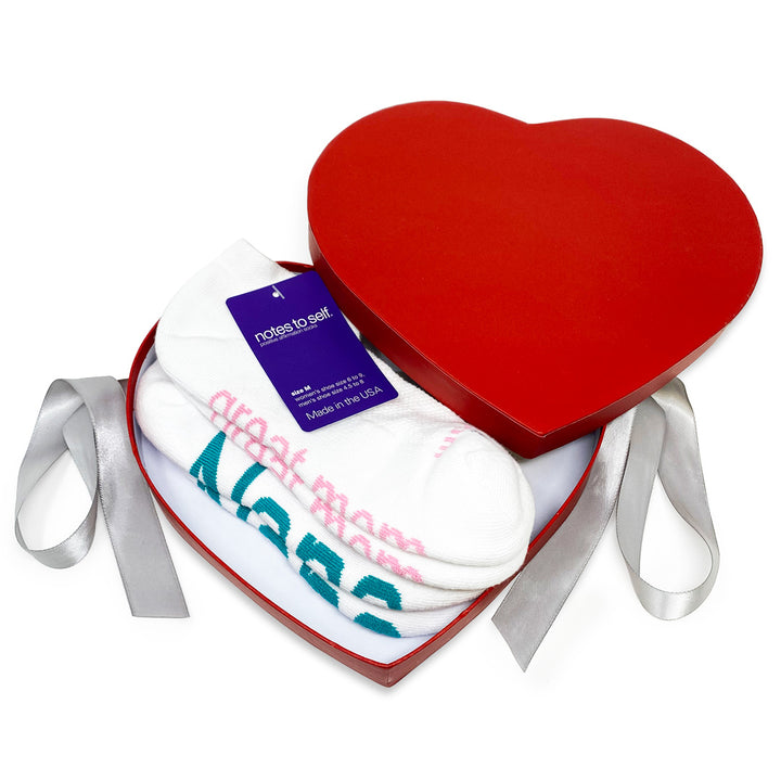 i love nana i am a great mom sock gift in open red heart box with silver satin ribbon