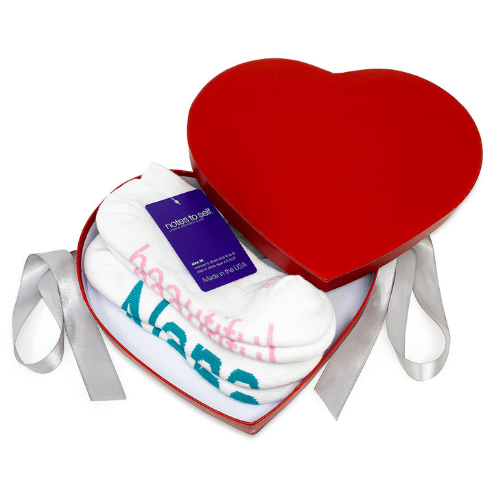 i love nana i am beautiful sock gift in open red heart box with silver satin ribbon