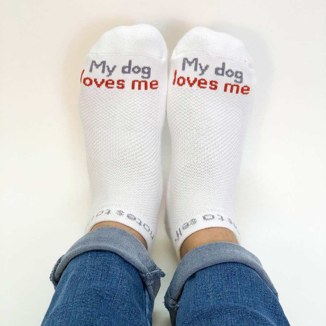 my dog loves me dog lover socks with words