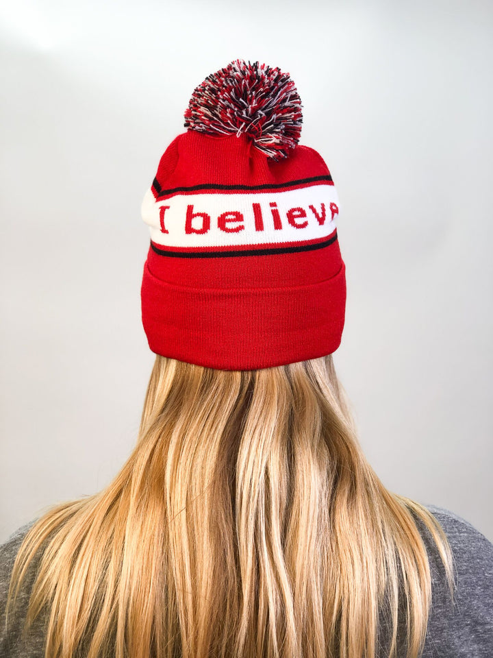 i believe beanie hat in red and white shown from back