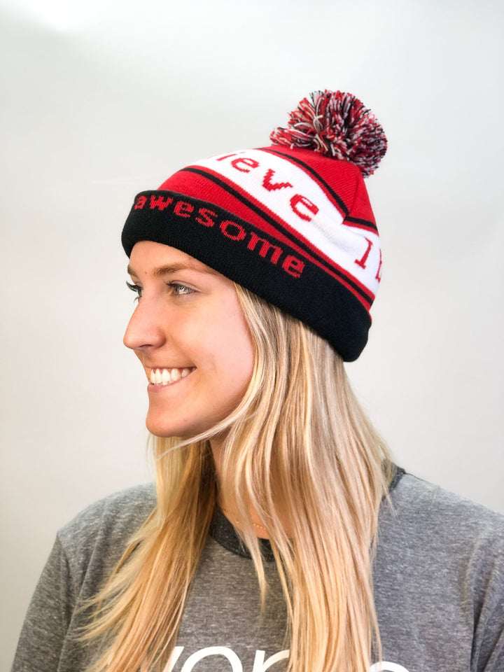 i believe beanie hat in red and white shown with double cuff
